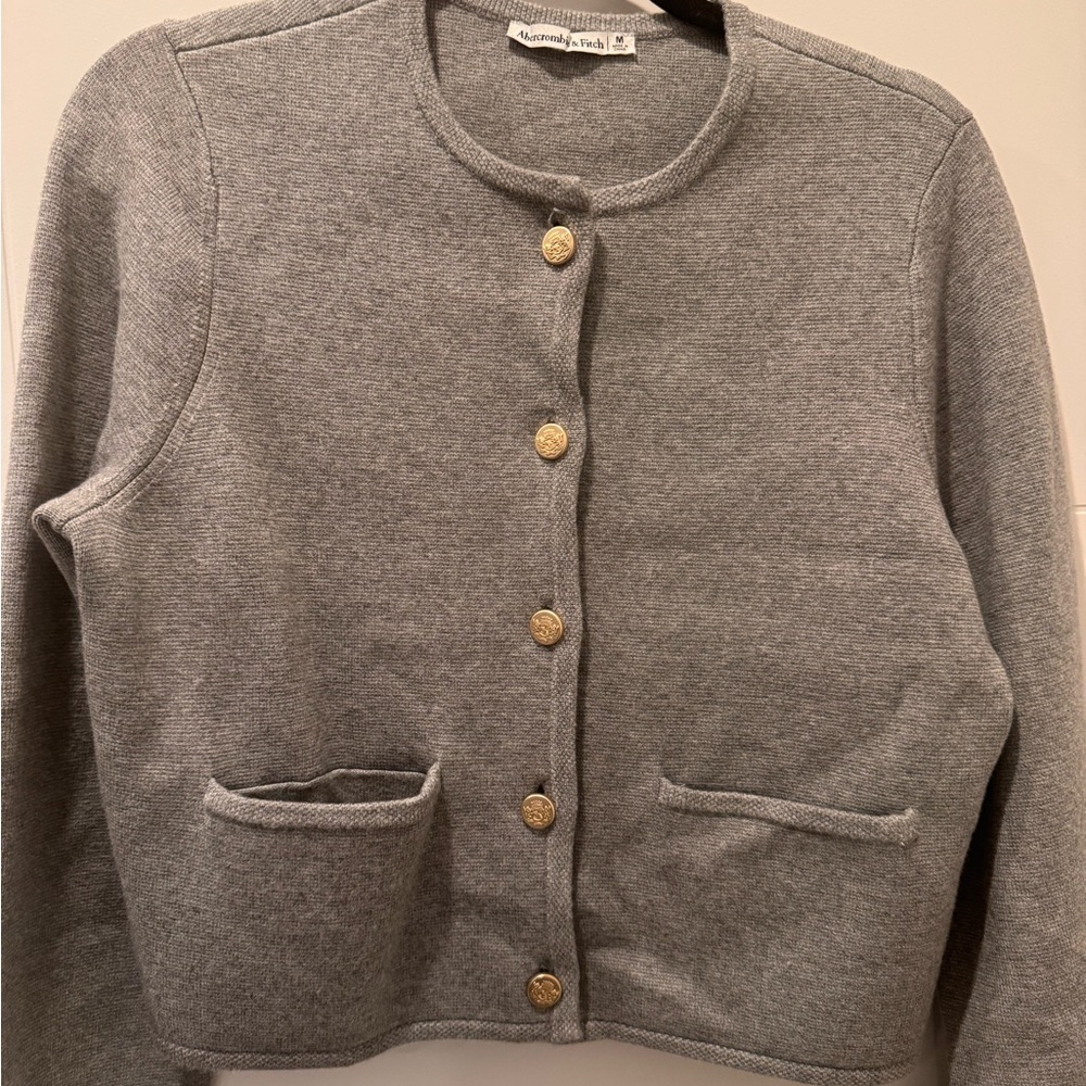 Abercrombie & Fitch GREY LuxeLoft Crew Sweater Jacket Cardigan Gold buttons - Picture 2 of 6